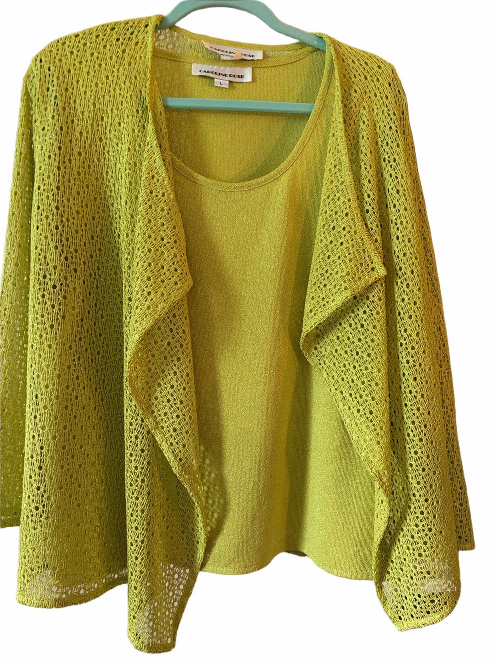 Caroline Rose chartreuse Cardigan/Tank top set textured knit, waterfall front. L
